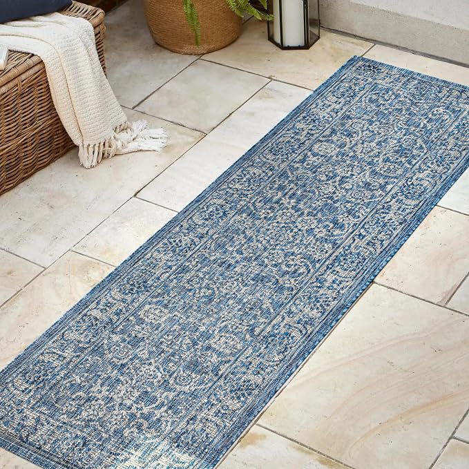 JONATHAN Y Weave Floral Indoor Outdoor Runner Rug 2X10 Navy/Gray, Tela Bohemian - Image 4