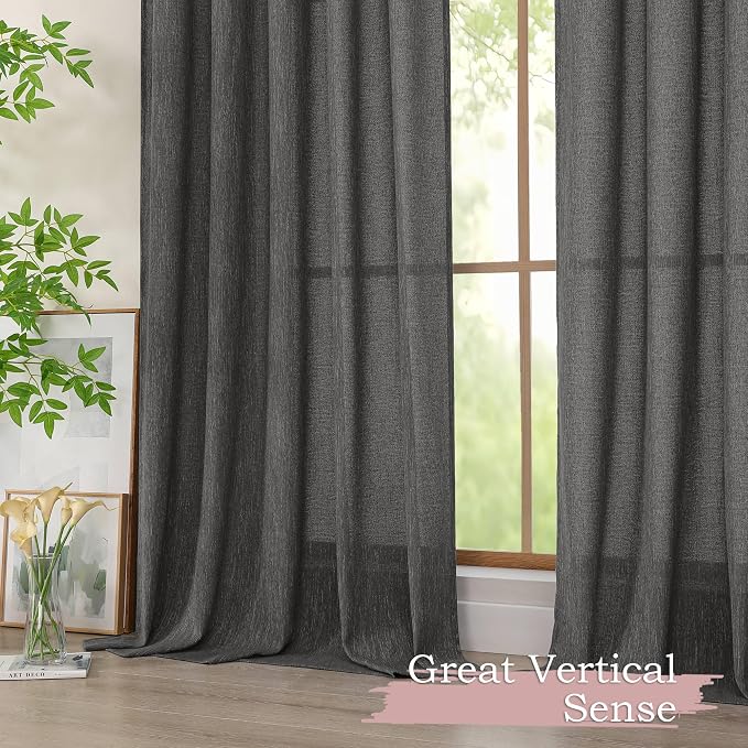 Simplebrand Grey Faux Linen Textured Curtains 63 Inch Length 2 Panels - Image 7