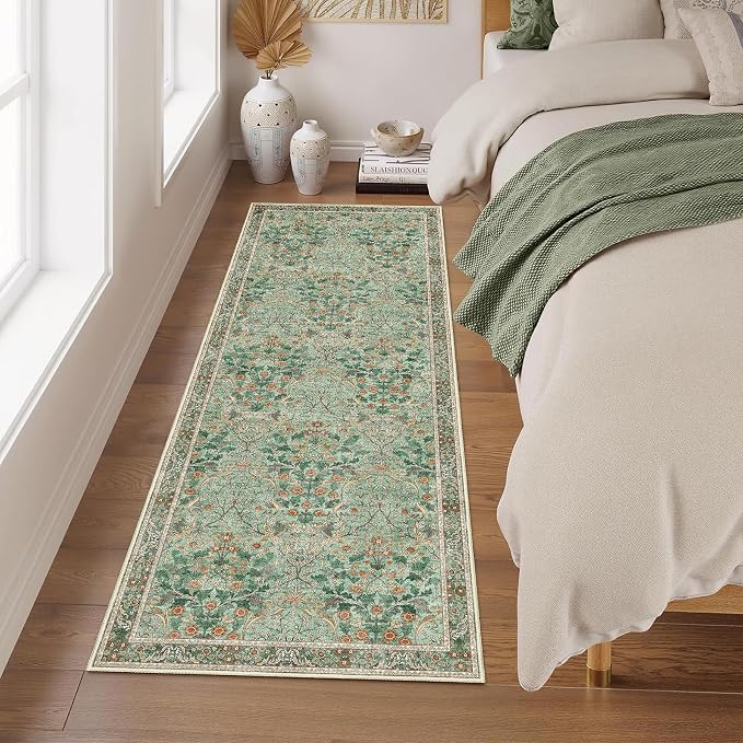 MUJOO Washable Runner Rug Green, Floral 2x6 Runners - Image 2