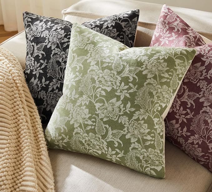 Floral Jacquard Throw Pillow Covers Set of 2, Background/Green 18x18 Inch - Image 5