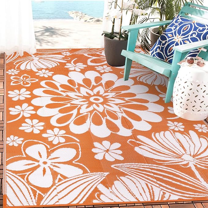 Ileading Outdoor Plastic Straw Rug 5x8ft Funny Floral Style Reversible Patio by Ileading