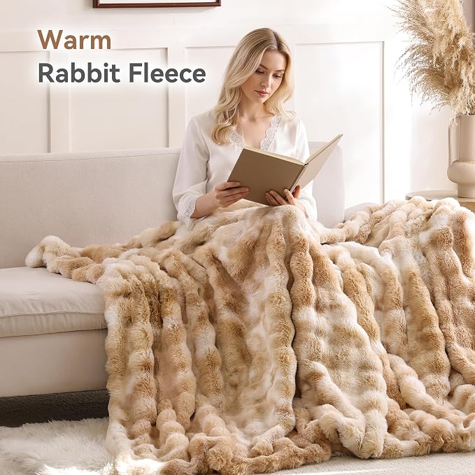 Smoofy Faux Fur Throw Blanket for Couch – Tie-dye Camel Fluffy Cozy Rabbit - Image 5