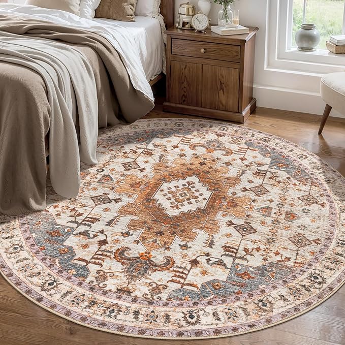 Tangsoo Vintage Round Rug 5ft Washable Circle Rug, Non Slip Boho Round Area Rug by Tangsoo