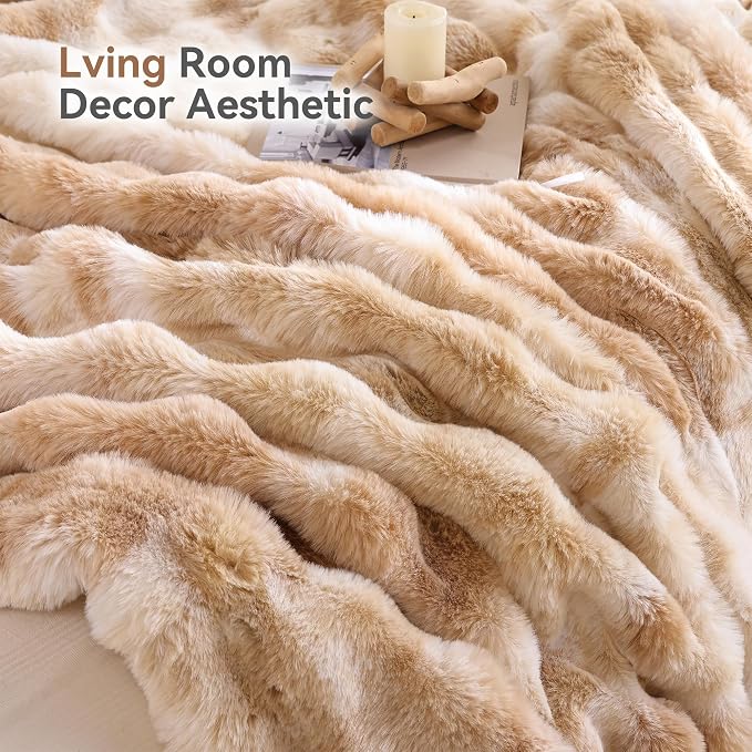 Smoofy Faux Fur Throw Blanket for Couch – Tie-dye Camel Fluffy Cozy Rabbit - Image 6