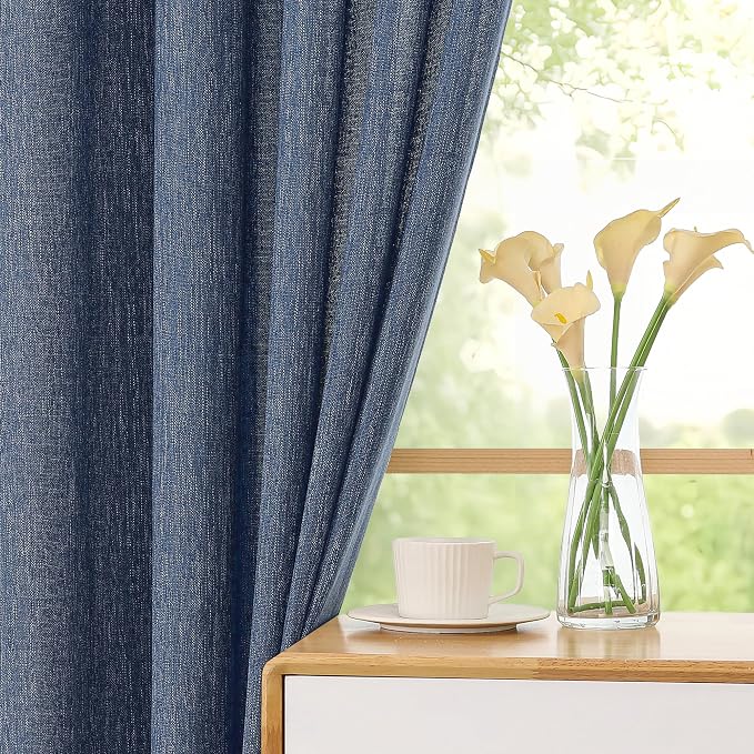 Simplebrand Navy Blue Faux Linen Textured Curtains 63 Inch Length 2 Panels - Image 5