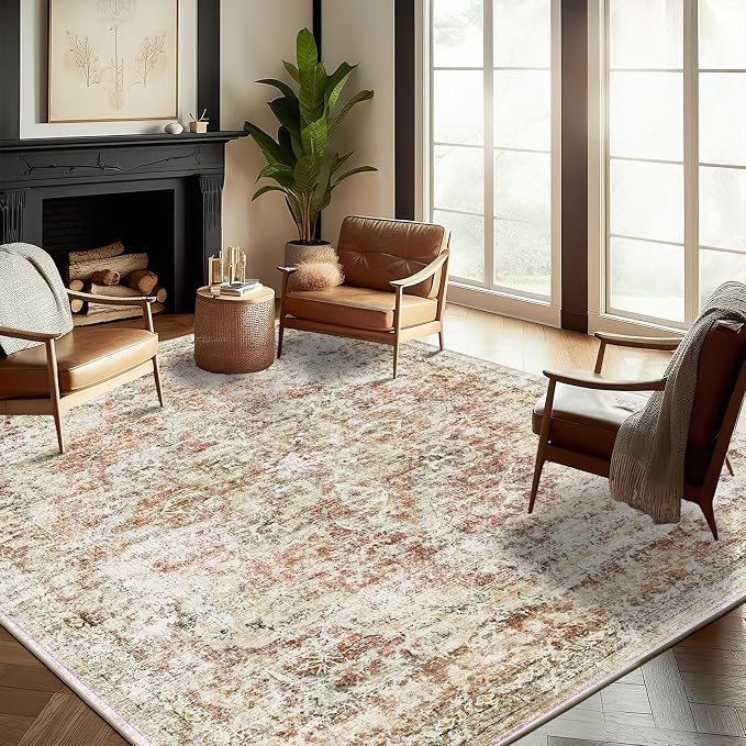 Washable Area Rug 9'x12' Retro Boho Design Non-Shedding Easy Care Ideal by CHAMPLANT