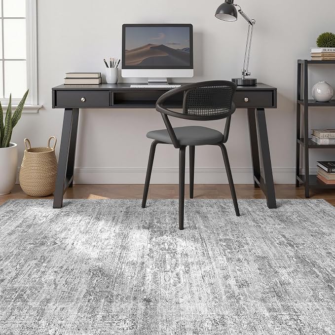 Grey Rug 5x7 Area Rugs: Washable Boho Large Vintage Neutral Soft Rug Stain - Image 7