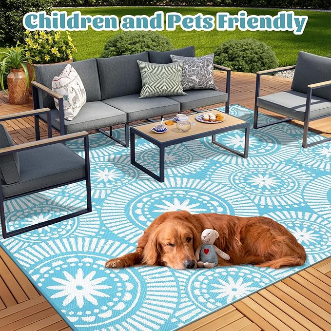 Ileading Large Plastic Outdoor Rug 8x10ft Modern Geometric Style Reversible - Image 2