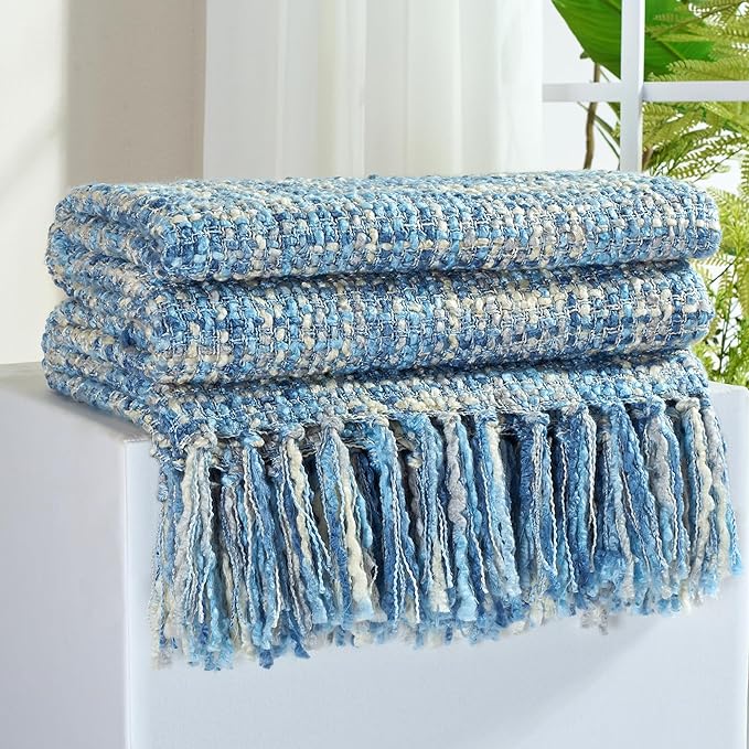 Multi-Color Light Blue Cable Knitted Throw Blanket by GINAMUSE