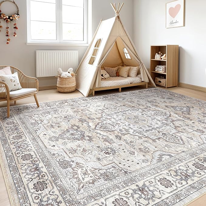 6x8 Area Rug Living Room: Washable Boho Large Neutral Vintage Soft Rugs Stain - Image 5