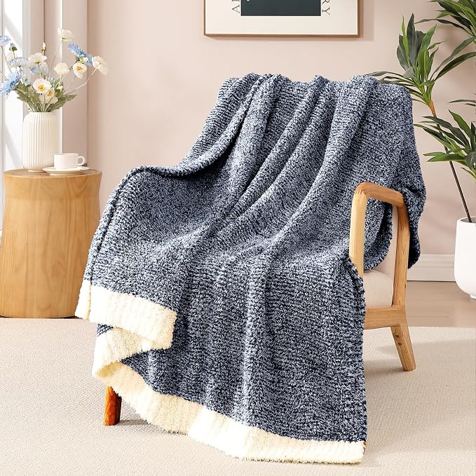 WRENSONGE Throw Blanket Cationic Dyeing Navy Blue Soft Cozy Fluffy Warm Hand by WRENSONGE