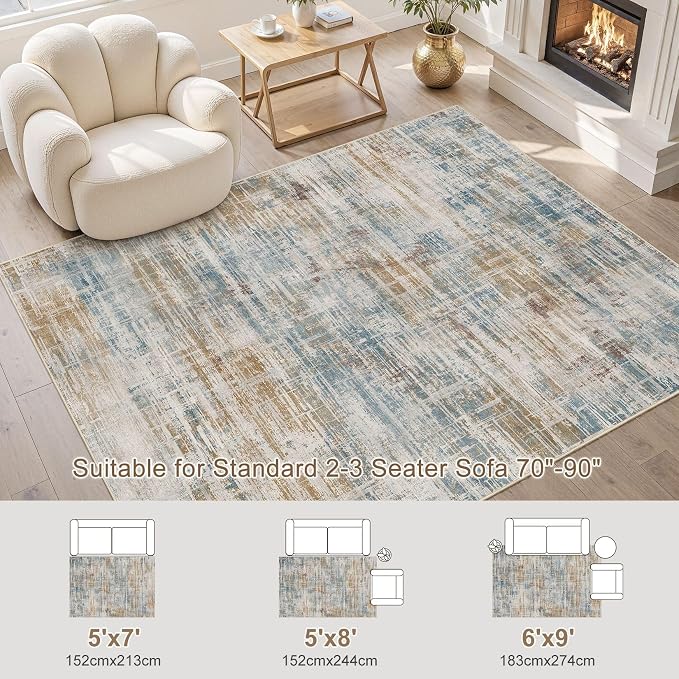 Area Rug for Living Room: 6x9 Washable Neutral Abstract Modern Soft Rugs Non - Image 7