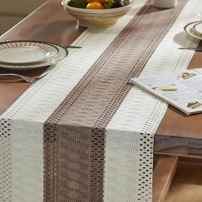 ZeeMart Macrame Style Bicolor Stitching Table Runner, 14 x 60 Inch Cocoa - Image 5