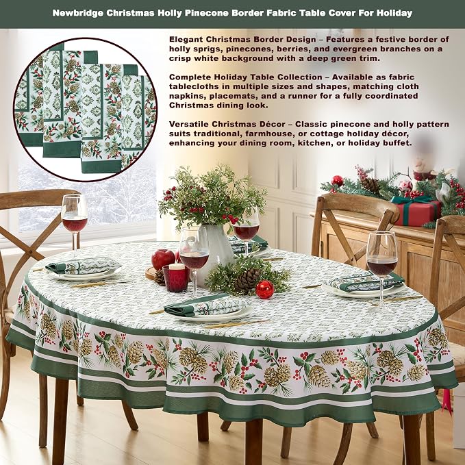 Newbridge Christmas Holly Pinecone Border 60 x 84 Inch Oval Fabric Tablecloth - Image 3