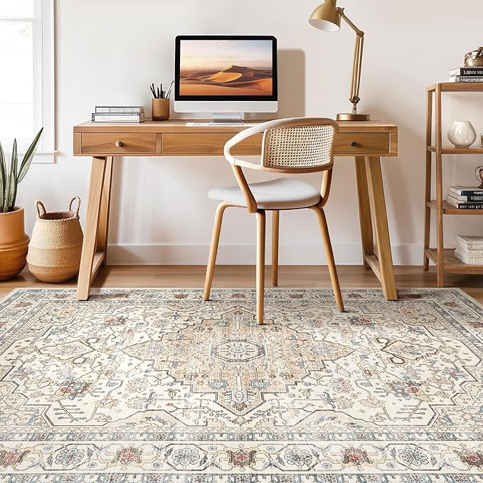 7x10 Area Rug Living Room: Washable Boho Large Neutral Vintage Soft Rugs Stain - Image 7