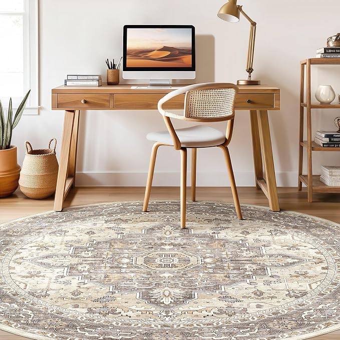 Round Rug Living Room Rugs: 4x4 Washable Boho Neutral Circle Soft Non-Slip - Image 6