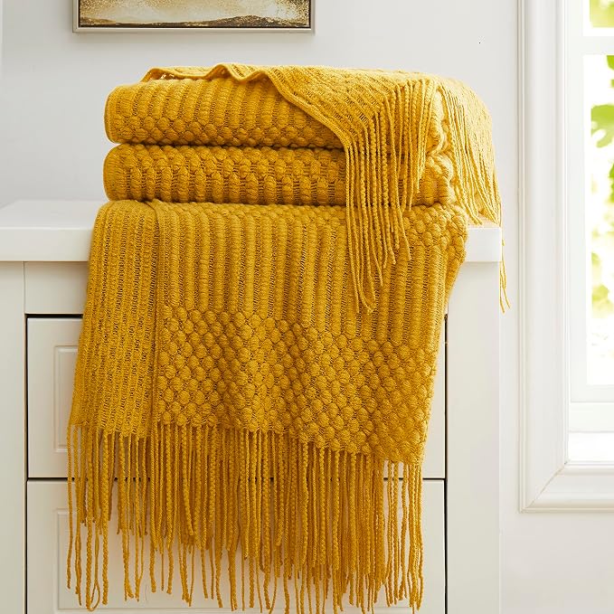 Mustard Yellow Knitted Throw Blankets - Image 5