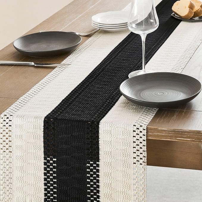 ZeeMart Macrame Style Bicolor Stitching Table Runner, 14 x 36 Inch Black/Ivory - Image 4