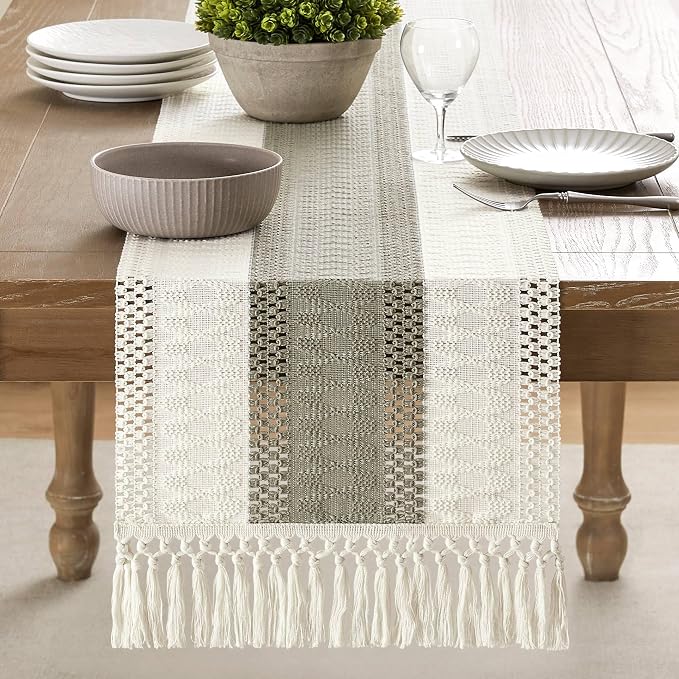 ZeeMart Macrame Style Bicolor Stitching Table Runner, 14 x 60 Inch Dark - Image 2