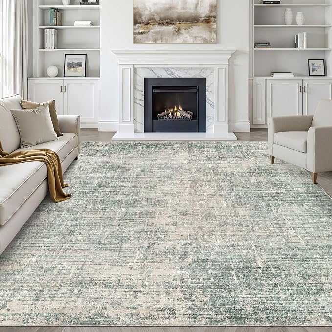 9x12 Area Rug Living Room: Washable Large Neutral Green Rugs Abstract Soft by LOONGRUG