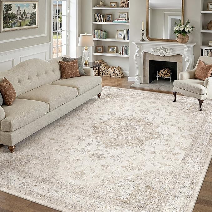 Beige Area Rug 7x9 Washable Living Room Carpet Vintage Non Slip Soft Bedroom - Image 6