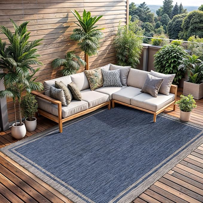 CAMILSON Outdoor Rug, 9x12 Bordered Navy Blue Gray Modern Large Area Rugs - Image 8
