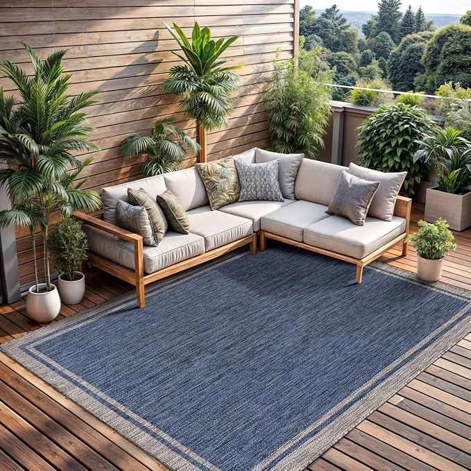 CAMILSON Indoor Outdoor Rug, 10x14 Bordered Navy Blue Gray Modern Large Area - Image 6