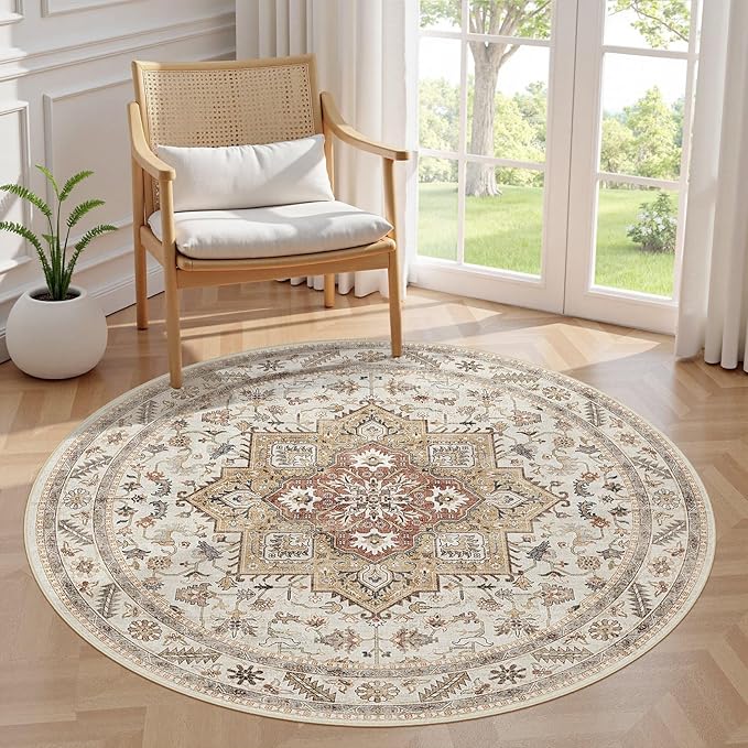5ft Round Vintage Living Room Area Rug by COTILED