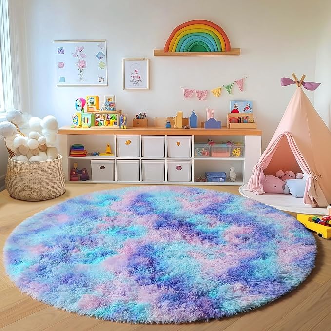 ONASAR Rainbow Round Area Rugs 6ft, Fluffy Soft Bedroom Circle Rug - Image 4
