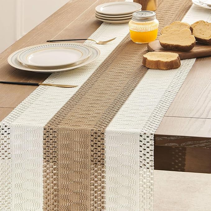 ZeeMart Macrame Style Bicolor Stitching Table Runner, 14 x 108 Inch Brown/Ivory - Image 5