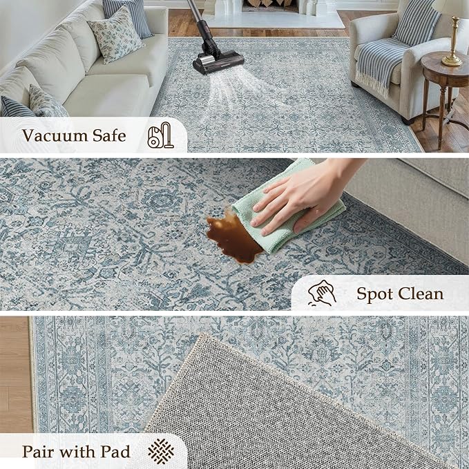 Blue Runner Rug 2x8 Hallway Washable Carpet Soft Vintage Indoor Kitchen Non - Image 4