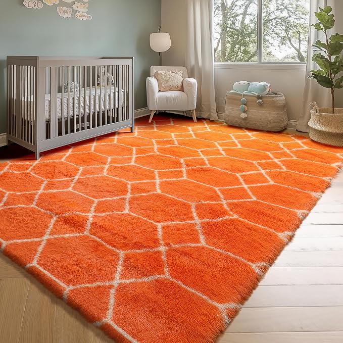 ONASAR Rugs for Living Room Bedroom, 5x8 Washable Fluffy Orange and White Area - Image 8