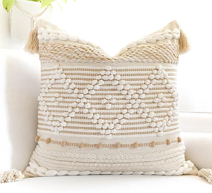 BlissBlush Cream White Boho Throw Pillow Cover 20X20, Boho Woven Textured by BlissBlush
