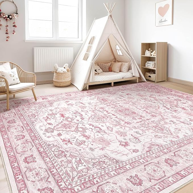 Pink Rugs for Bedroom Girls: 8x10 Washable Boho Large Neutral Cute Soft Area - Image 7