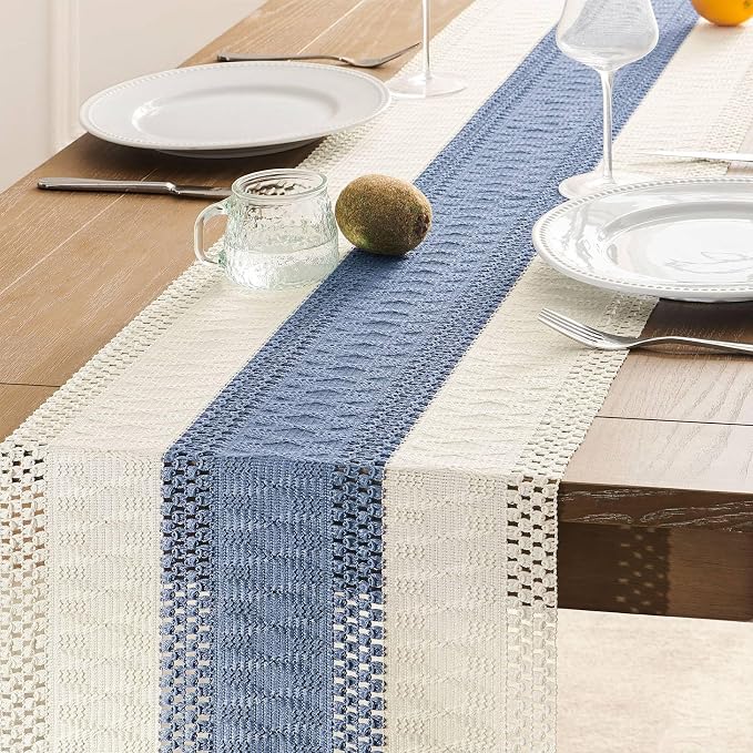 ZeeMart Macrame Style Bicolor Stitching Table Runner, 14 x 48 Inch Blue/Ivory - Image 5