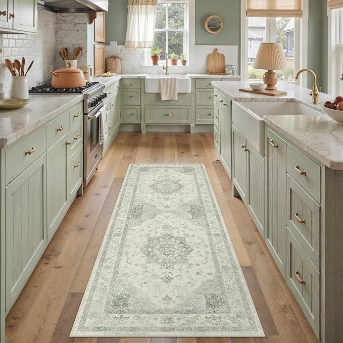 Green Runner Rug 2x6 Washable Vintage Carpet Hallway Kitchen Soft Retro Low - Image 5