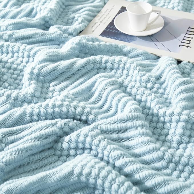 Light Blue Knitted Decorative Ball Throw Blankets - Image 5
