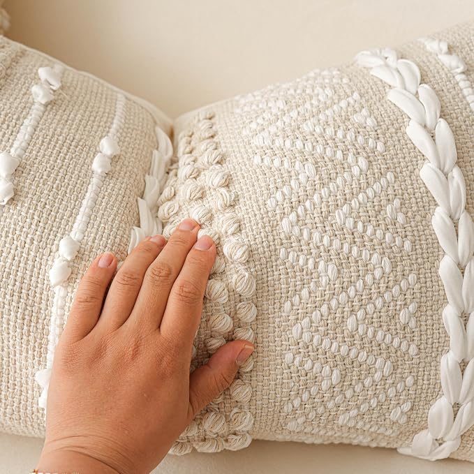 BlissBlush Cream Decorative Lumbar Throw Pillow Cover 14x36 Boho Long Cushion - Image 3
