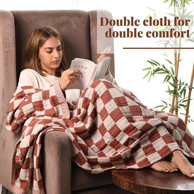 Folkulture 100% Cotton Throw Blanket, Rust Checks, Lightweight, All Seasons - Image 6
