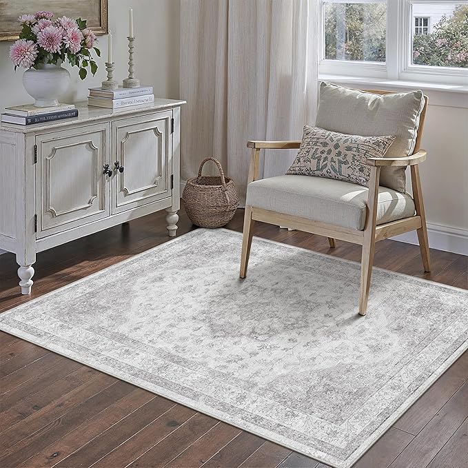 Gray Area Rug 3x4 Washable Vintage Carpet Entryway Office Soft Retro Kitchen by PureCozy