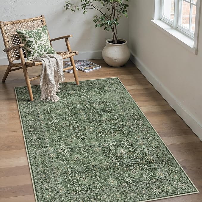 Green Area Rug 3x5 Washable Office Entryway Carpet Soft Vintage Indoor Kitchen - Image 5