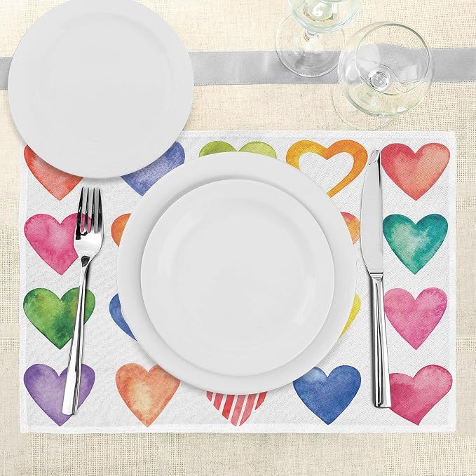 Ambesonne Grunge Place Mats Set of 8, Rainbow Color Heart Shapes Valentine's - Image 3