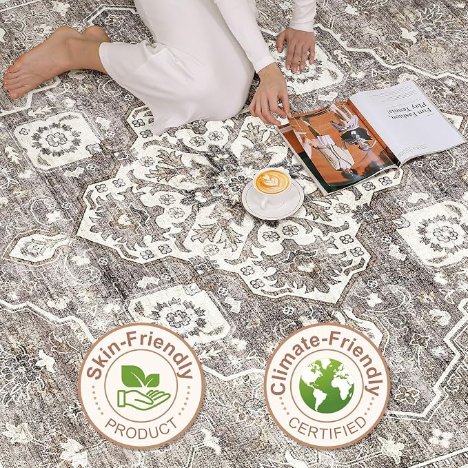 10x14 Area Rugs Living Room: Washable Boho Large Neutral Vintage Soft Rug Stain - Image 8