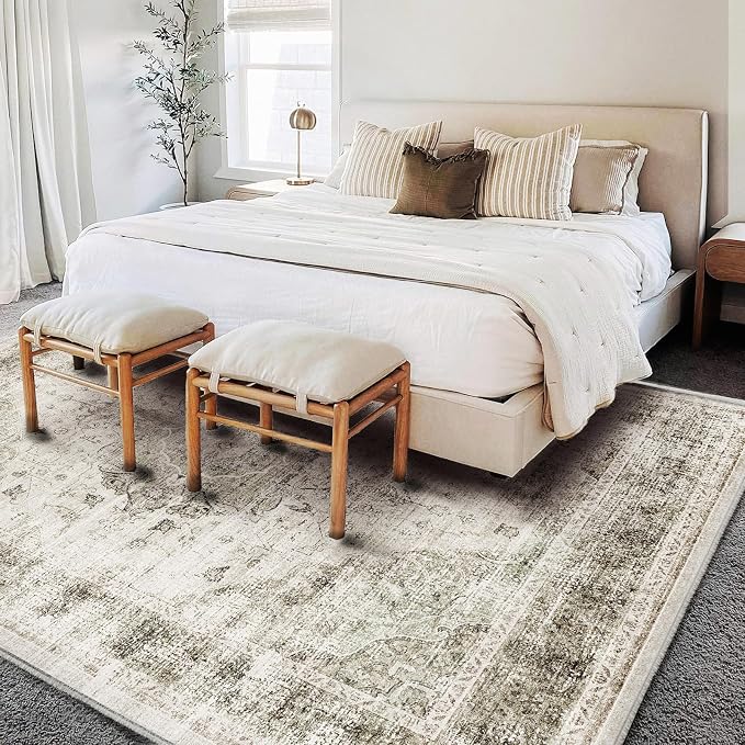 Washable Area Rug 10'x14' Floral Khaki Boho Design Non-Shedding Easy Care Ideal - Image 3