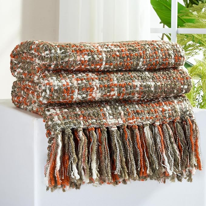 Multi-Color Orange Cable Knitted Throw Blanket by GINAMUSE