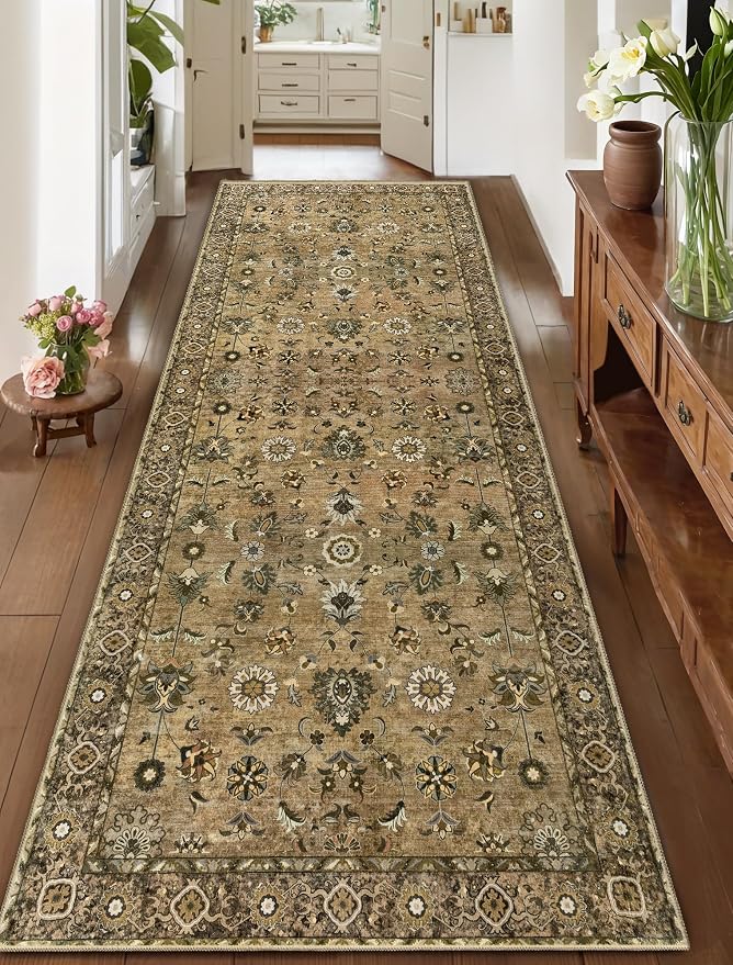2x10 Hallway Runner Rug, Washable Non-Slip Vintage Floral Boho Runner Rug by Tangsoo