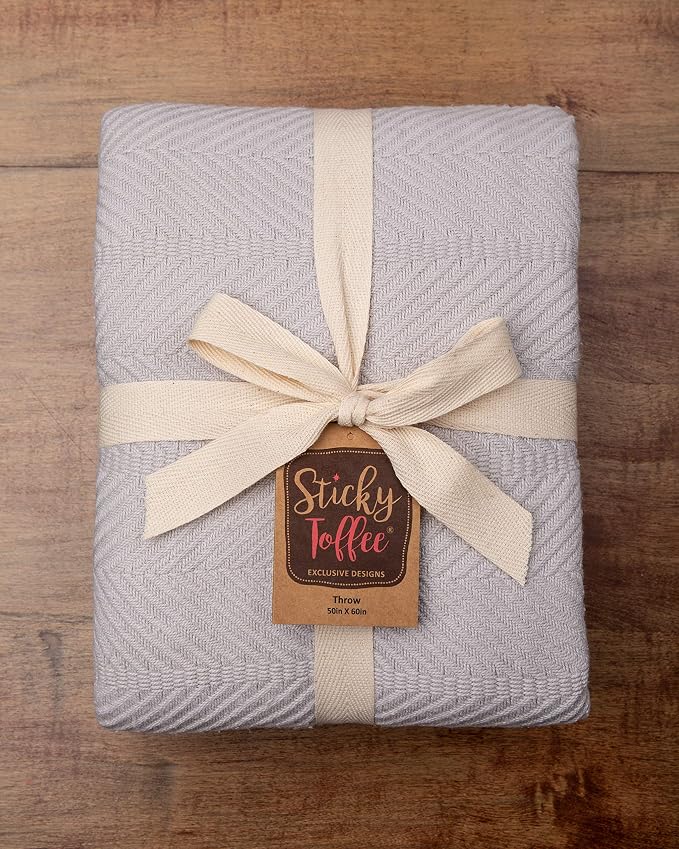 Sticky Toffee Cotton Throw Blanket 60x50 in – Light Gray Woven Lightweight - Image 6