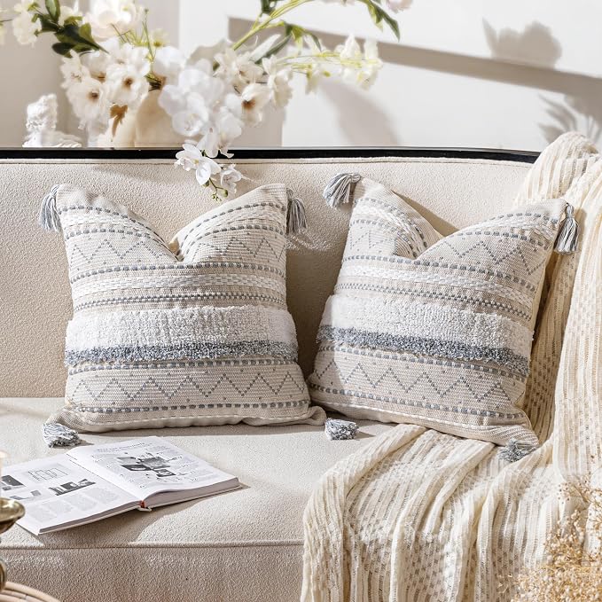 BlissBlush Gray Decorative Throw Pillow Cover 18X18 Combo Set of 2 Square Boho by BlissBlush