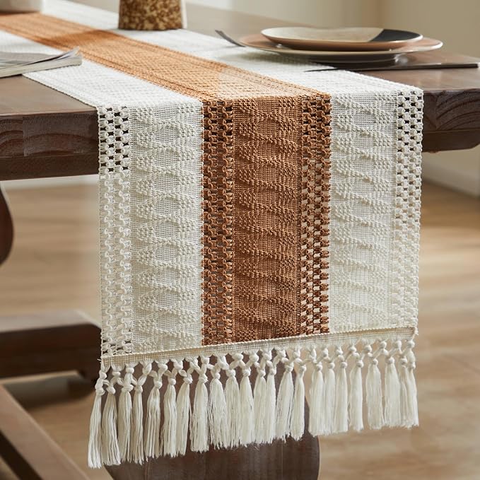 ZeeMart Macrame Style Bicolor Stitching Table Runner, 14 x 108 Inch - Image 7