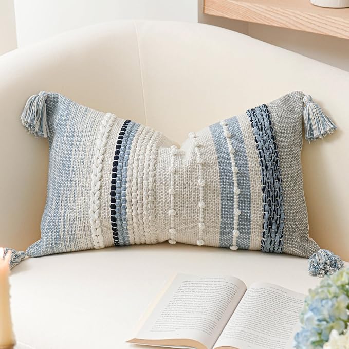BlissBlush Decorative Lumbar Throw Pillow Cover 14x24 Boho Coastal Blue Accent by BlissBlush